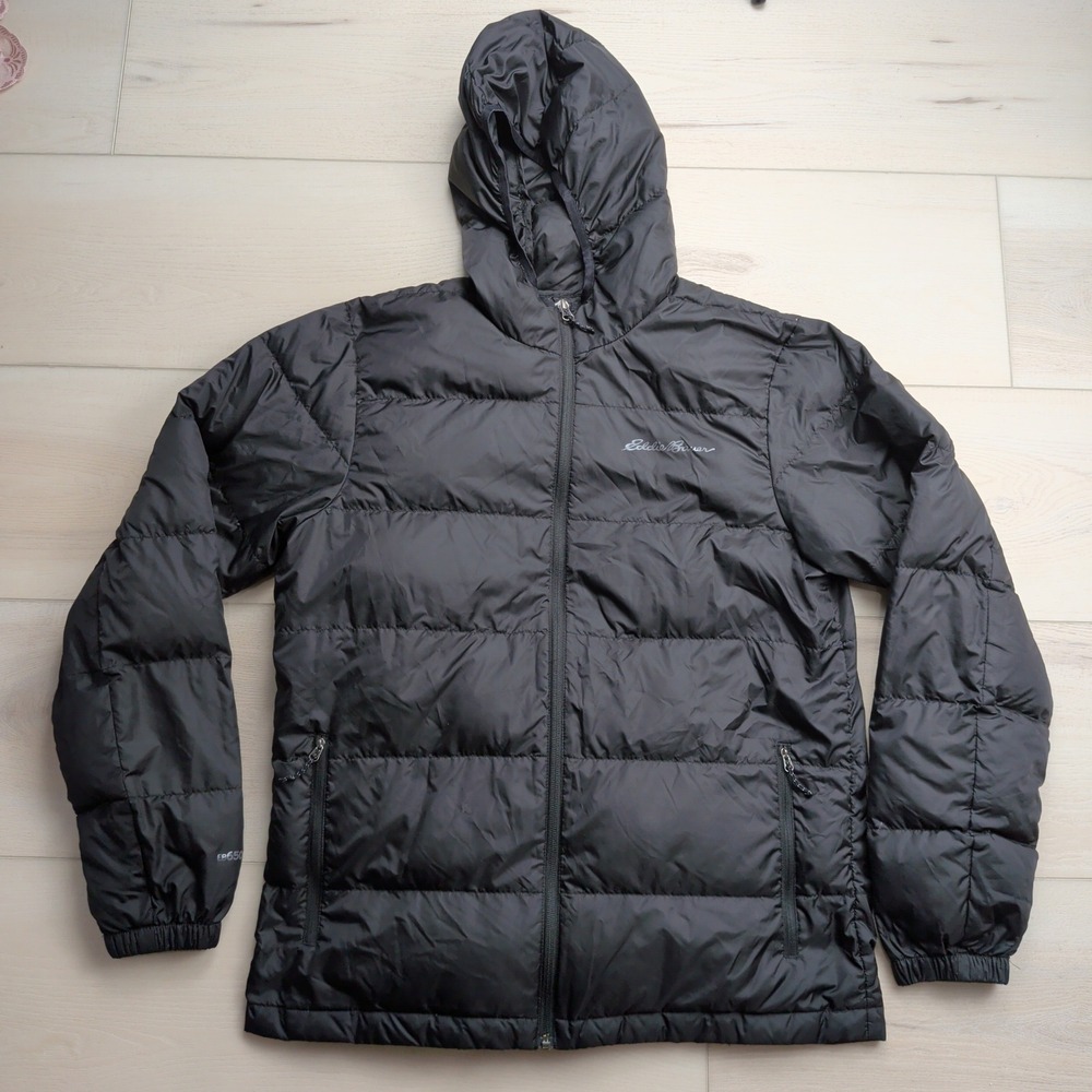 Eddie Bauer Wide Channel Hooded Down Puffer Jacket Mens M Black EB650 Fill